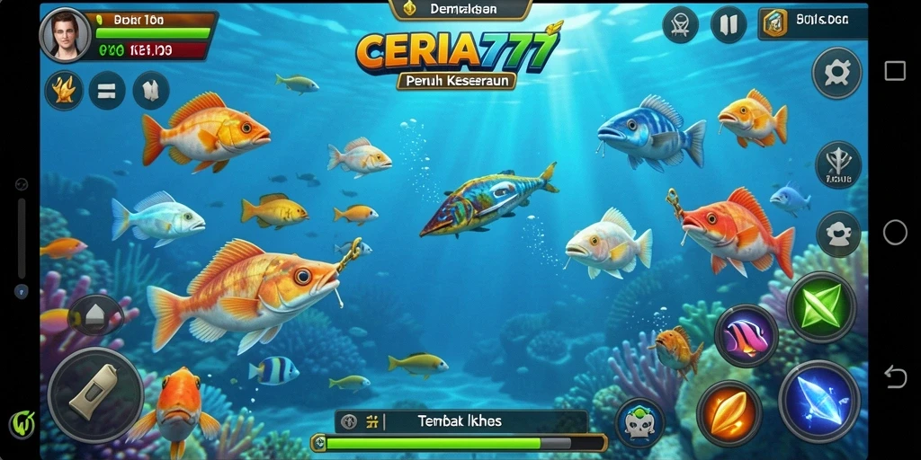 Screenshot CERIA777 menampilkan aksi menembak ikan yang seru dan dinamis.