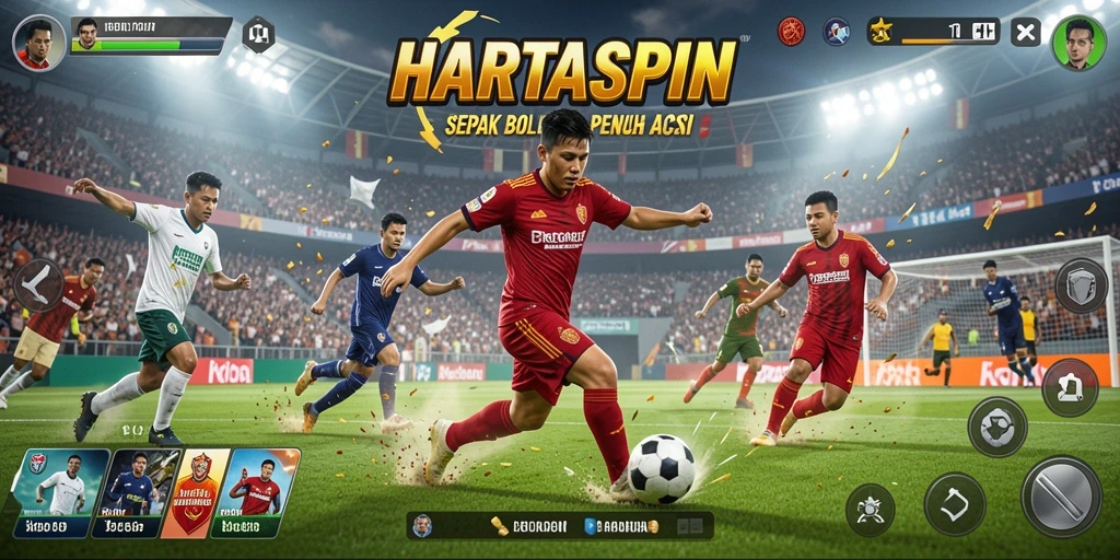 Screenshot menampilkan gameplay dinamis HARTASPIN dalam aksi sepak bola.