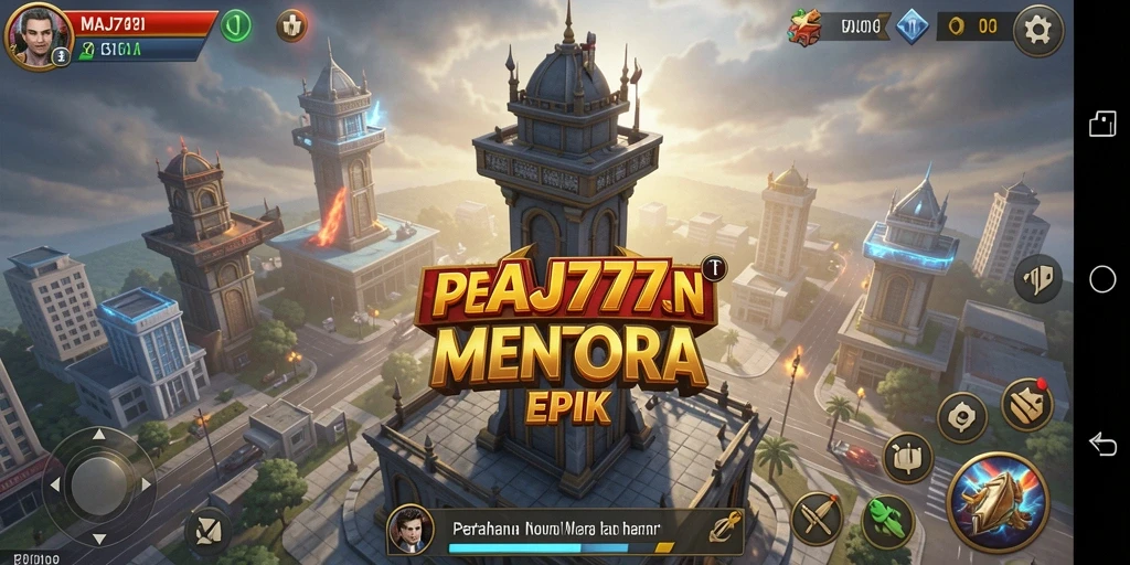Screenshot gameplay MAJ777 menunjukkan menara dan monster yang beraksi.