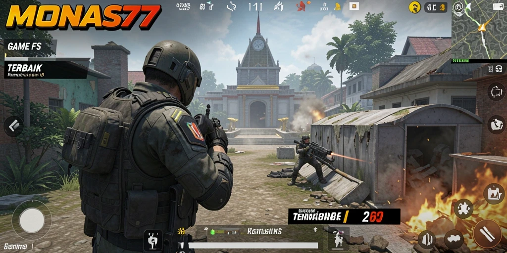 Screenshot utama MONAS77 menampilkan aksi tembak-menembak yang seru.