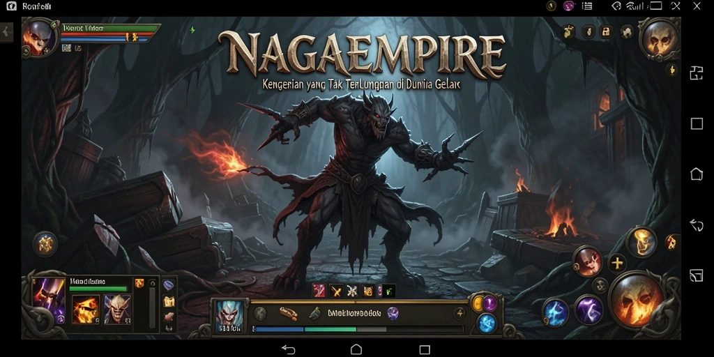 Tampilan gameplay NAGAEMPIRE yang mencekam dan atmosfer horor yang kuat.
