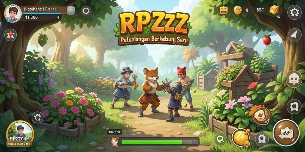 Tampilan gameplay RPZZZ menampilkan petani yang merawat kebunnya.