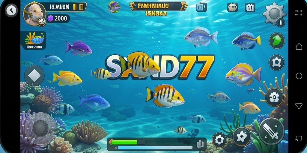 Screenshot gameplay seru dari SAND77 yang menunjukkan aksi menembak ikan.