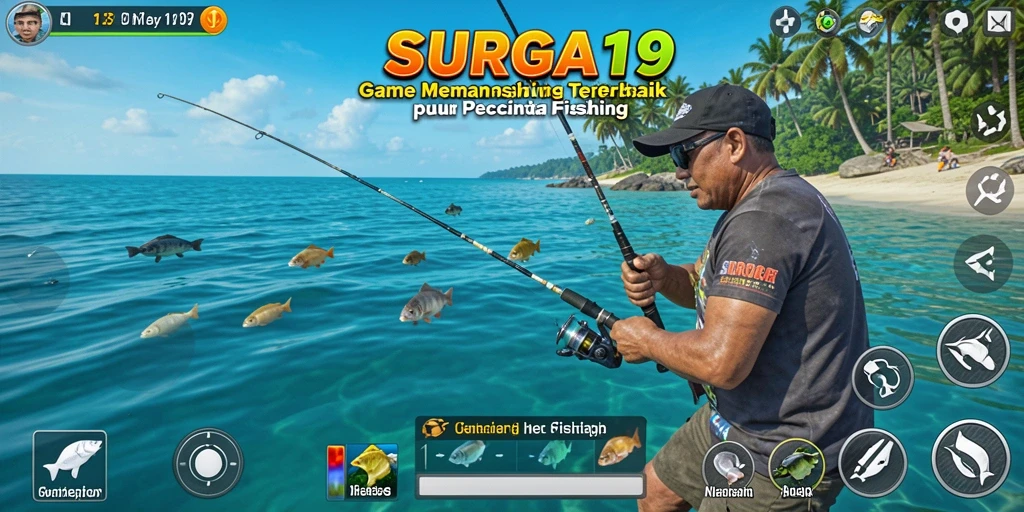 Tampilan gameplay SURGA19 yang menarik dengan beragam jenis ikan yang dapat ditangkap.