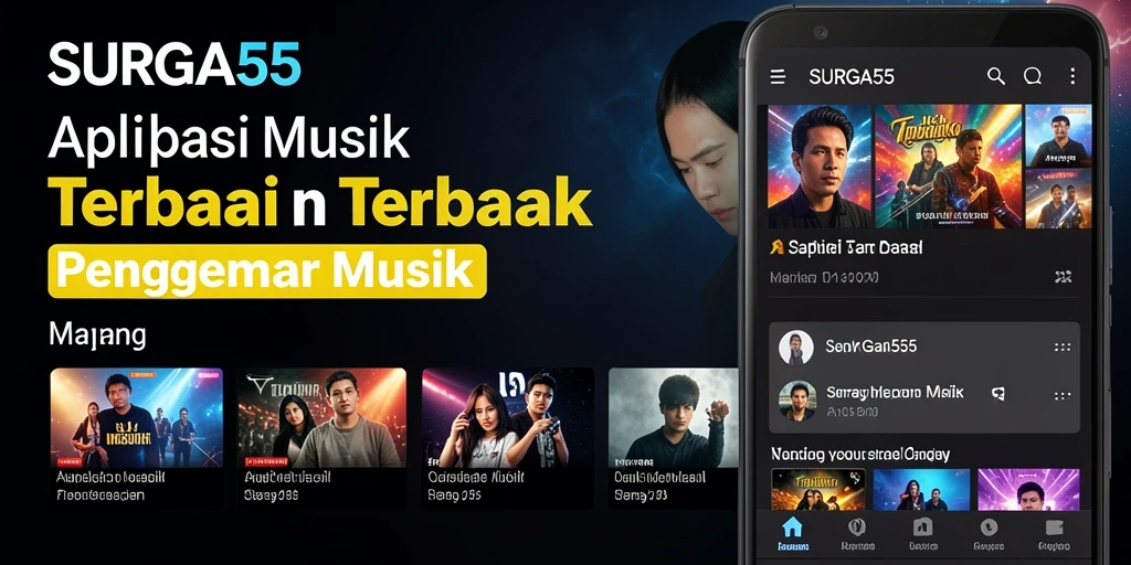 Screenshots menampilkan fitur karaoke dan antarmuka musik interaktif SURGA55.