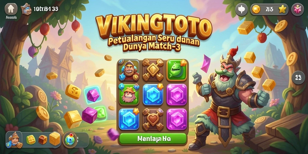 Screenshot utama VIKINGTOTO menampilkan gameplay Match-3 yang seru.